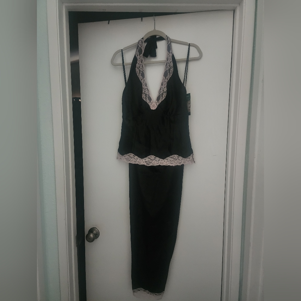 Halter Style Pajama Set Black Satin With Pink Lace Trim